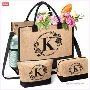 Monogrammed Jute Tote Bag with Makeup Bags, Personalized Beach Bag